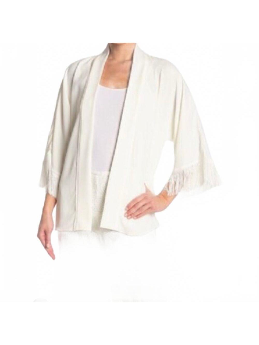 NWT Trina Turk White Fringe Boxy Open 3/4 Dolman Sleeve Topper Kimono Jacket M